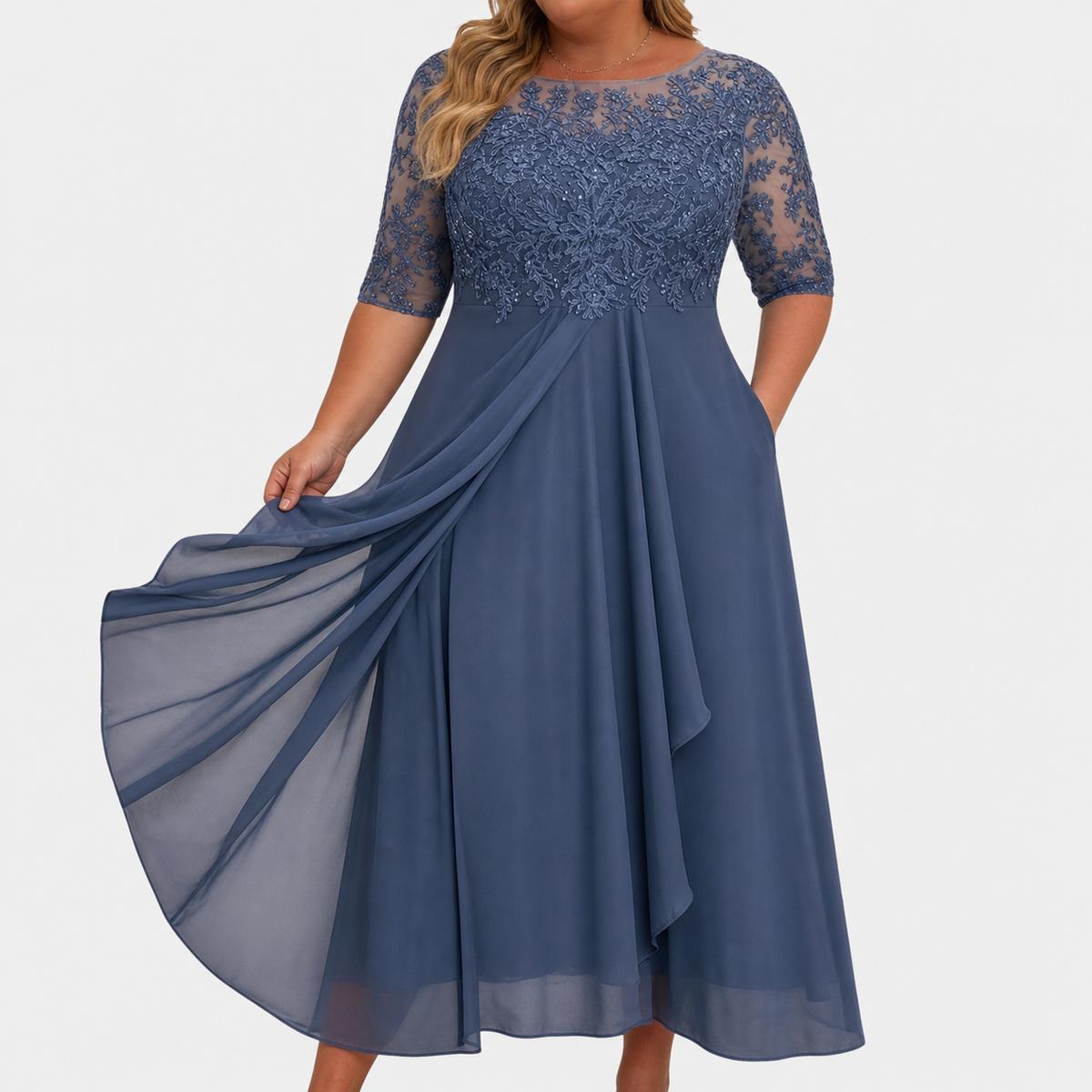 Robe Habillée Femme en Dentelle, Jupe Mousseline et Manches 3/4