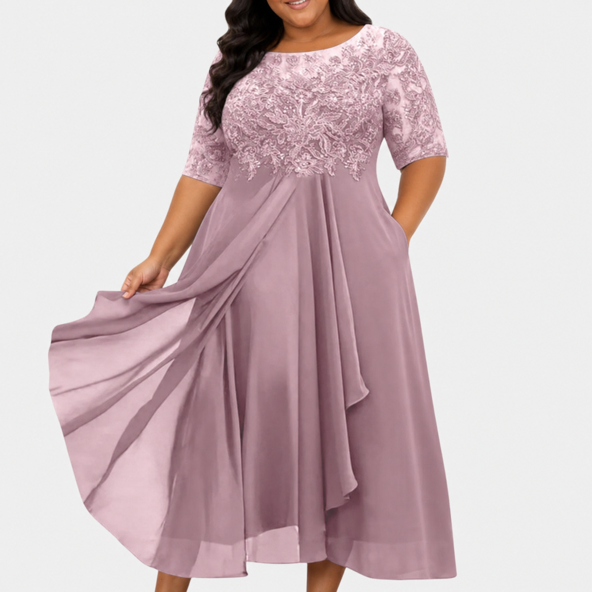 Robe Habillée Femme en Dentelle, Jupe Mousseline et Manches 3/4