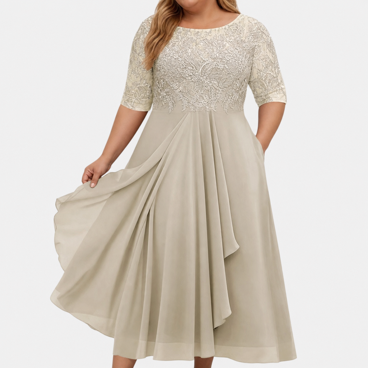 Robe Habillée Femme en Dentelle, Jupe Mousseline et Manches 3/4
