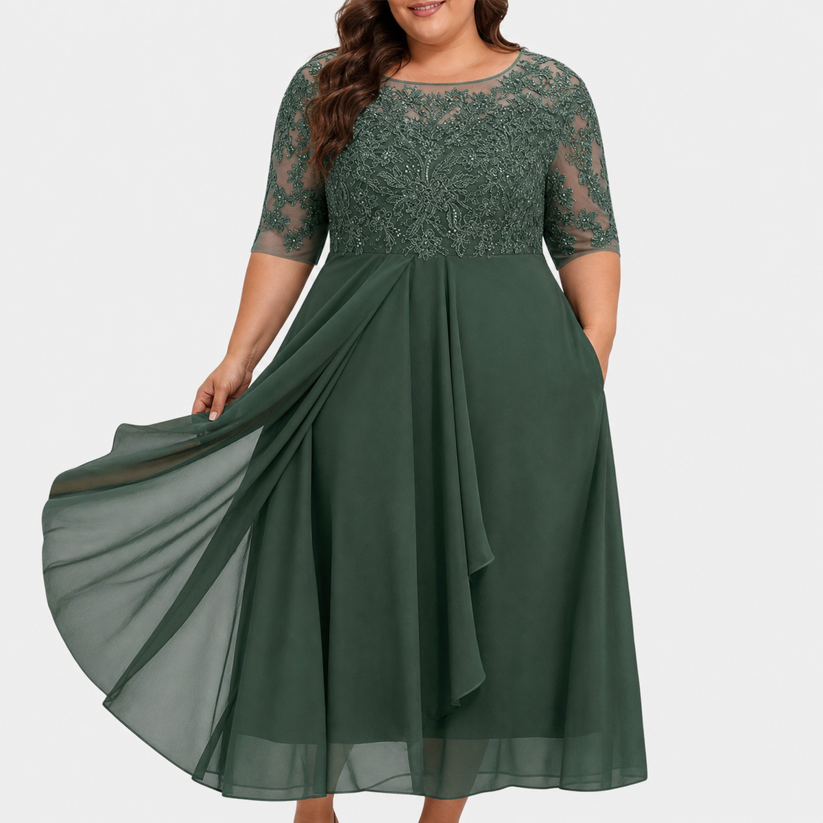 Robe Habillée Femme en Dentelle, Jupe Mousseline et Manches 3/4