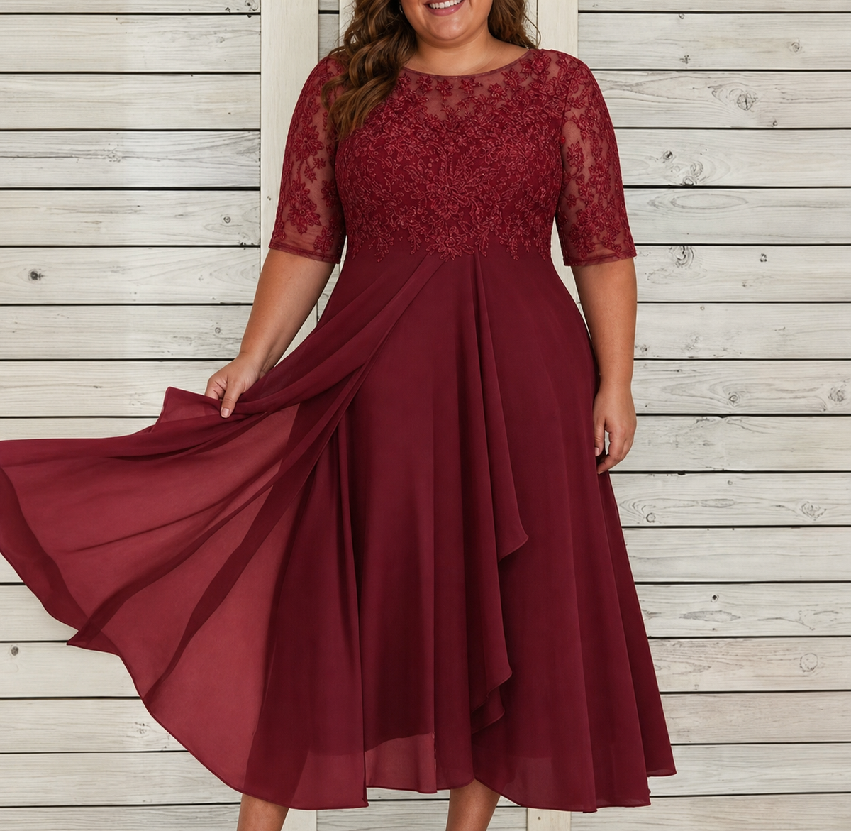 Robe Habillée Femme en Dentelle, Jupe Mousseline et Manches 3/4
