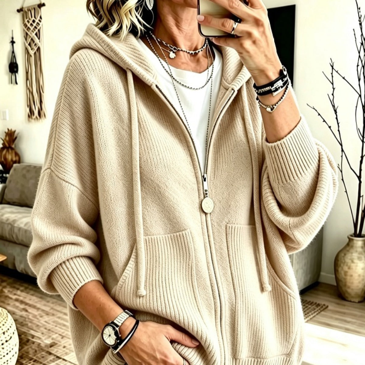 Sweat à Capuche Zippé Femme, Manches Rayées et Épaules Tombantes