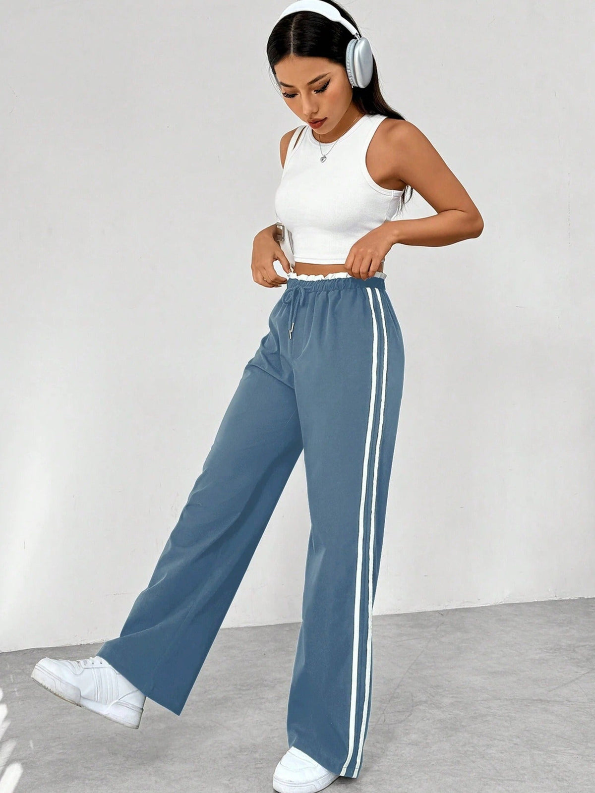 Jogging Femme Taille Haute à Bandes Contrastées - Pantalon de Sport Décontracté