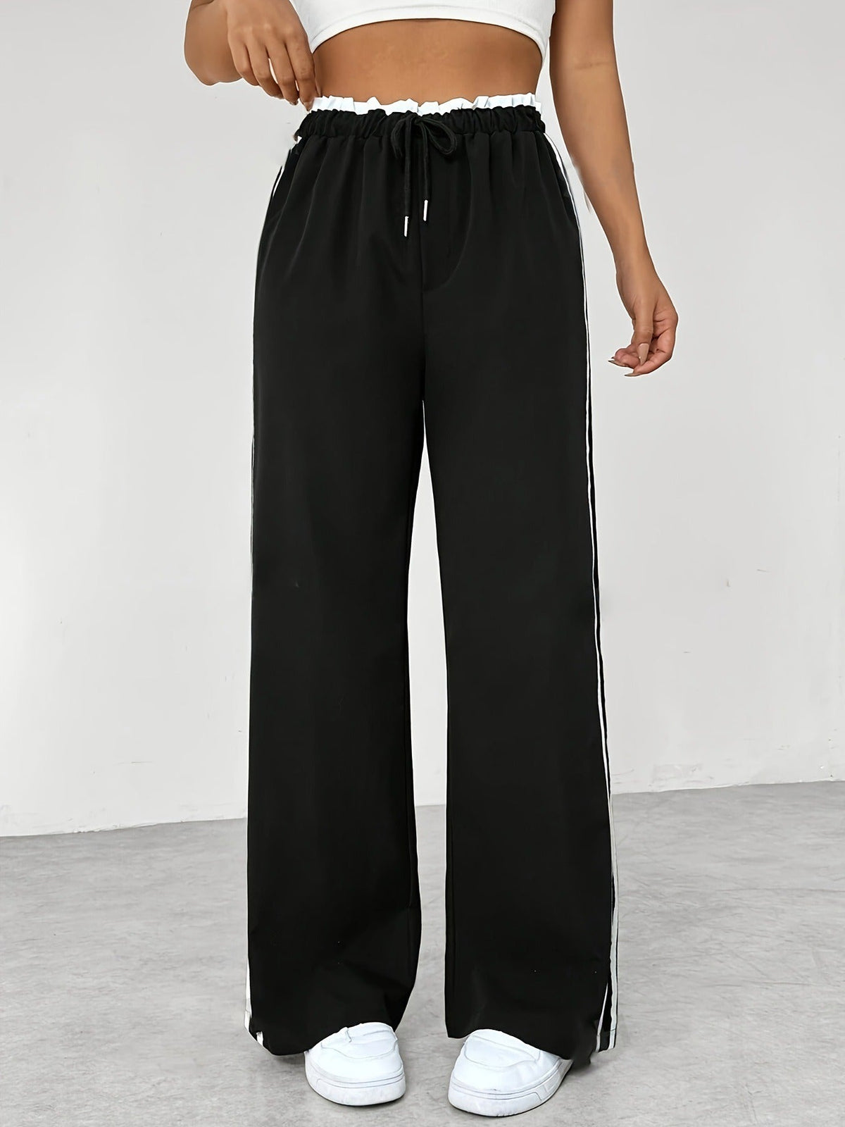 Jogging Femme Taille Haute à Bandes Contrastées - Pantalon de Sport Décontracté