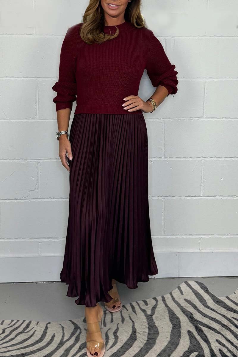 Robe Mi-Longue Femme en Maille et Jupe Plissée