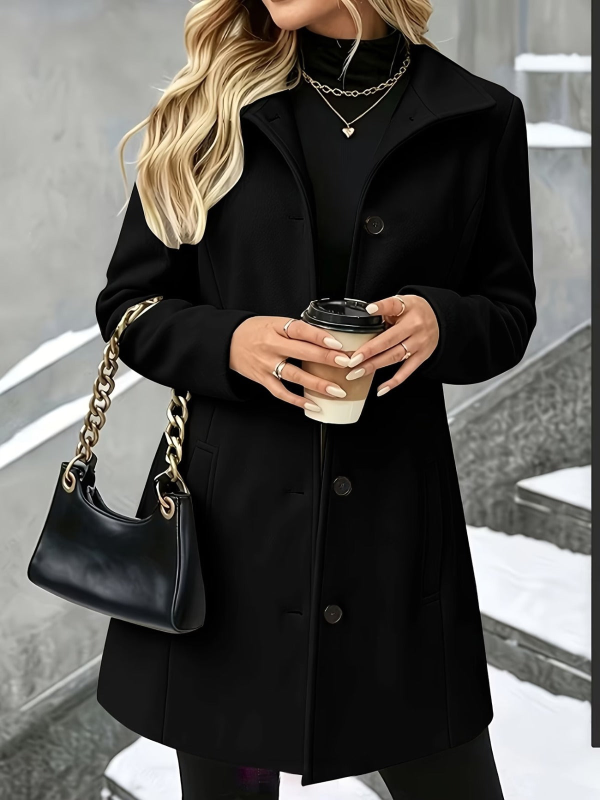 Manteau Long Femme à Col Revers, Manteau d'Hiver Structuré