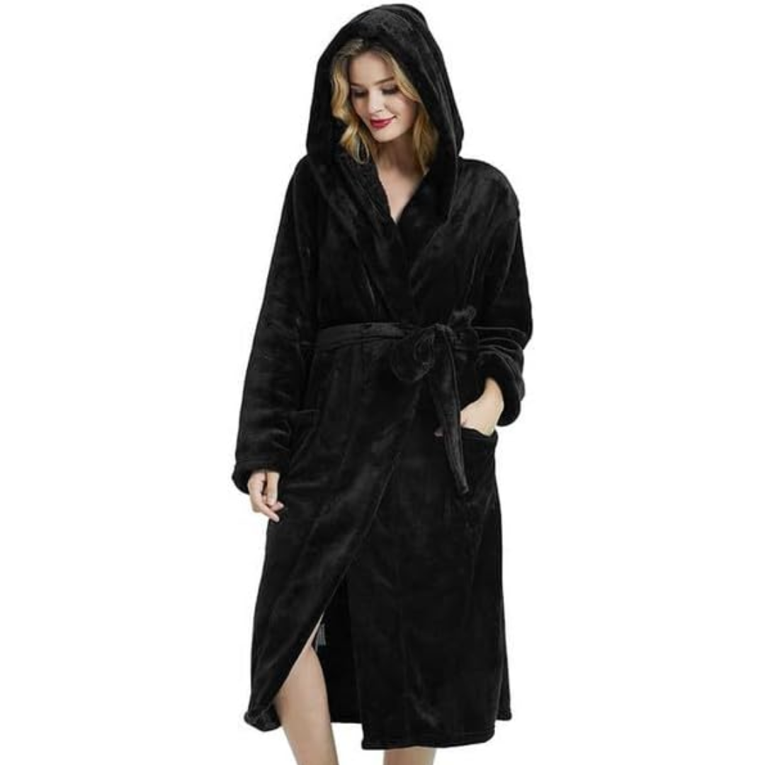 Women's Fleece Robe – Soft Gray with Hood and Side Pockets for Home Use or Relaxation