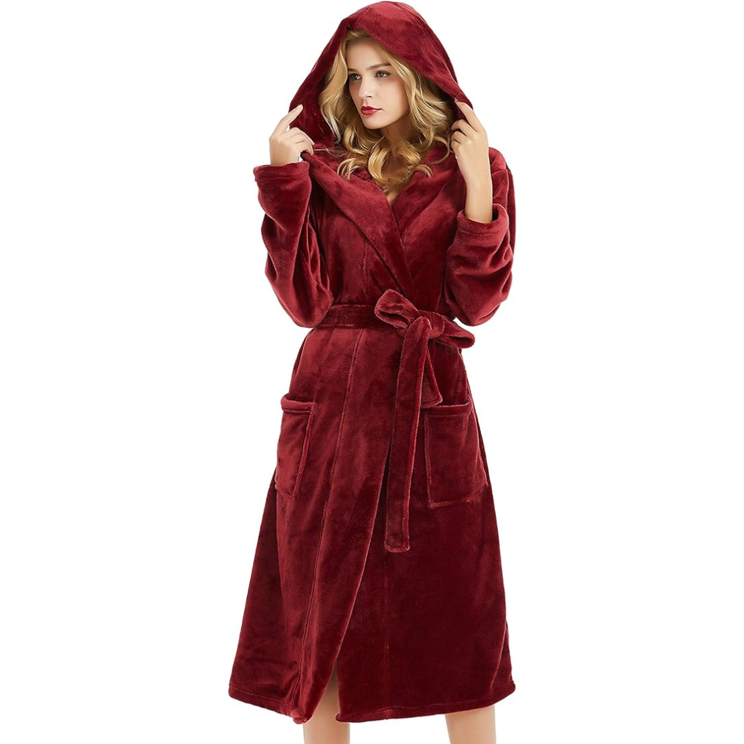 Women's Fleece Robe – Soft Gray with Hood and Side Pockets for Home Use or Relaxation
