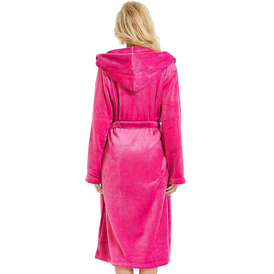 Women's Fleece Robe – Soft Gray with Hood and Side Pockets for Home Use or Relaxation