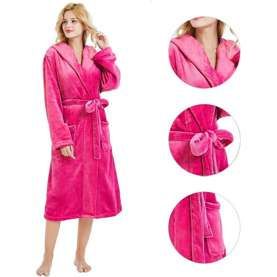 Women's Fleece Robe – Soft Gray with Hood and Side Pockets for Home Use or Relaxation
