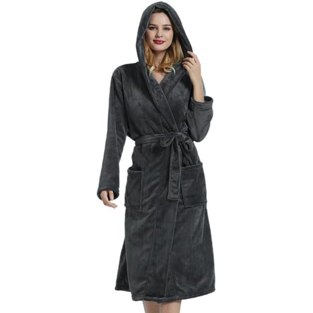 Women's Fleece Robe – Soft Gray with Hood and Side Pockets for Home Use or Relaxation