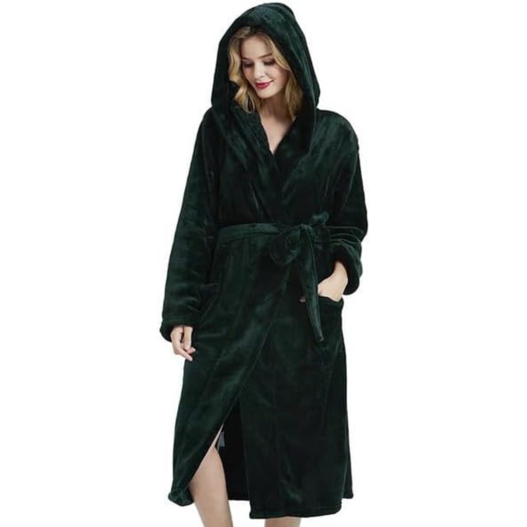 Women's Fleece Robe – Soft Gray with Hood and Side Pockets for Home Use or Relaxation