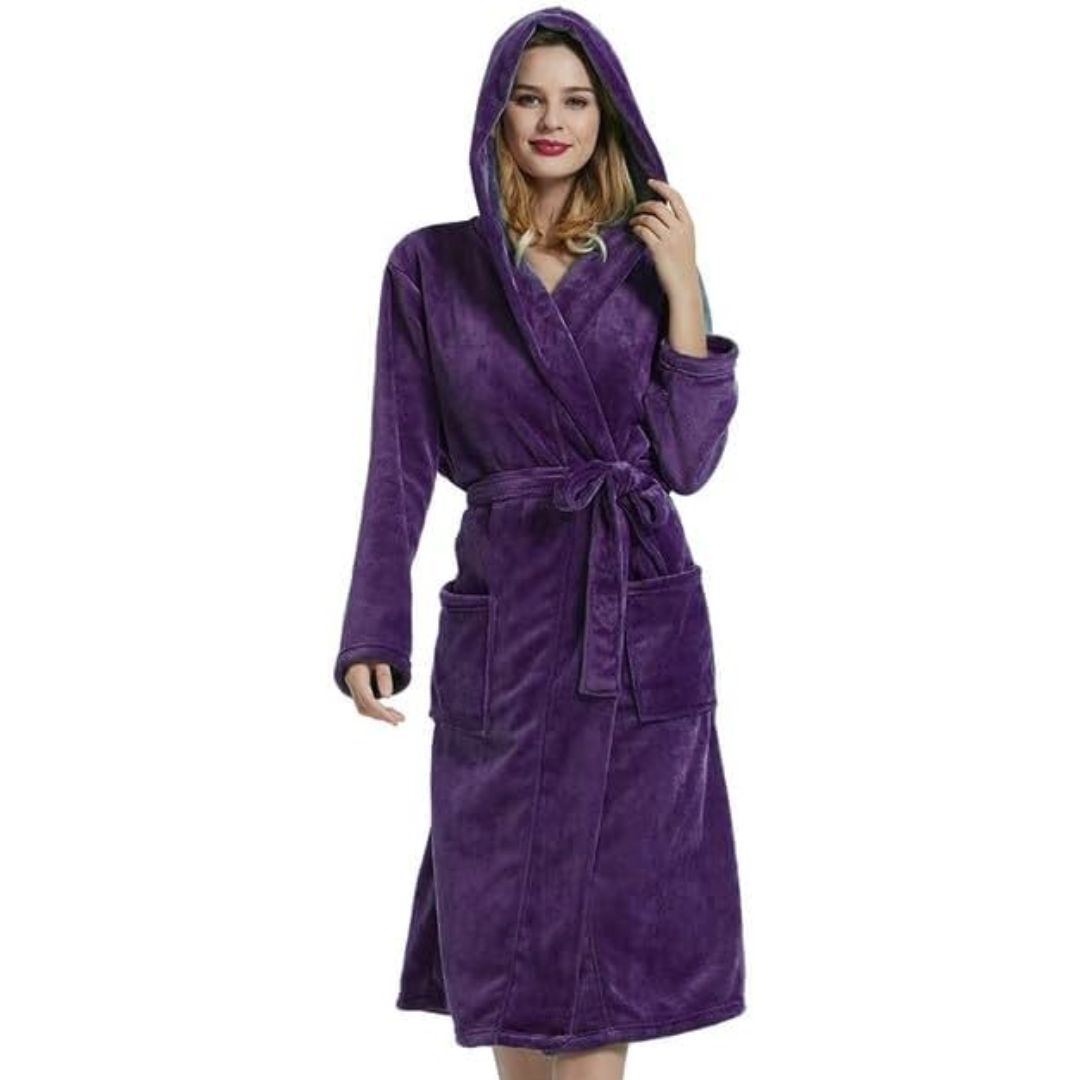 Women's Fleece Robe – Soft Gray with Hood and Side Pockets for Home Use or Relaxation