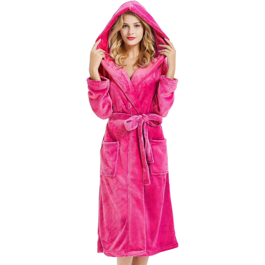 Women's Fleece Robe – Soft Gray with Hood and Side Pockets for Home Use or Relaxation