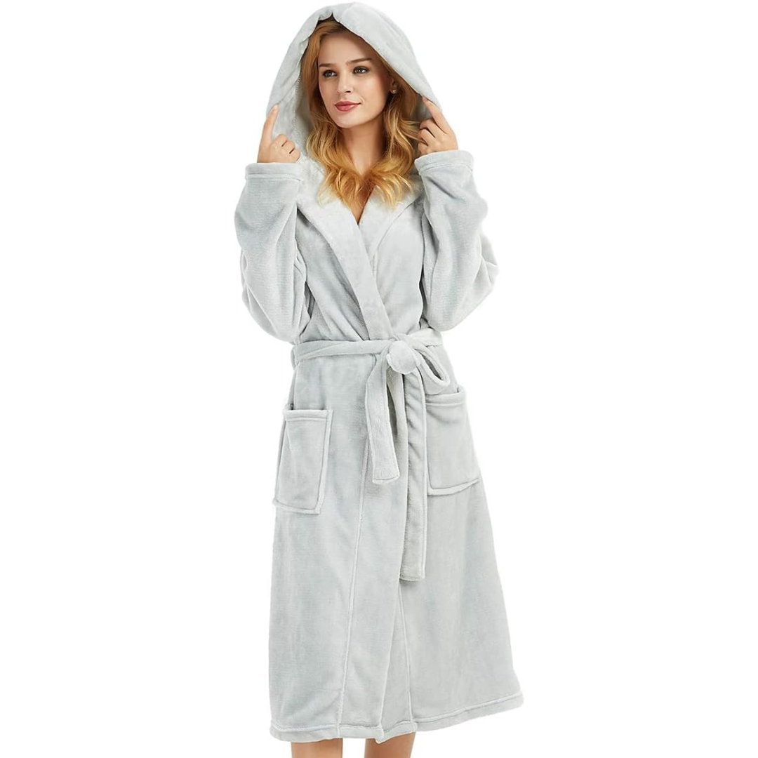 Women's Fleece Robe – Soft Gray with Hood and Side Pockets for Home Use or Relaxation