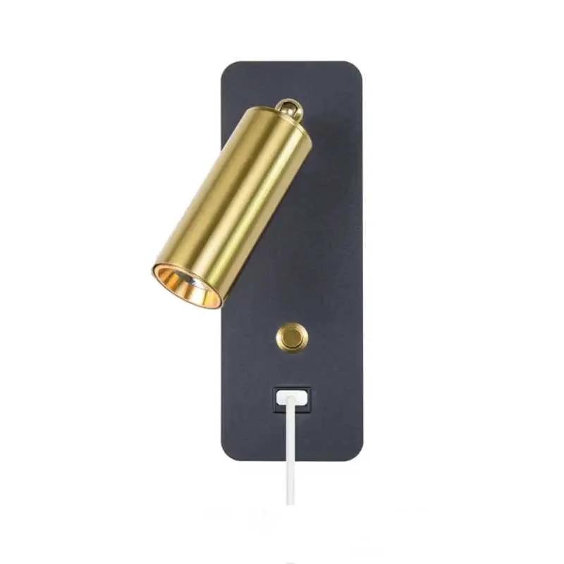 Brass bedside LED wall reading light with USB charging port and adjustable Scandinavian spotlight design