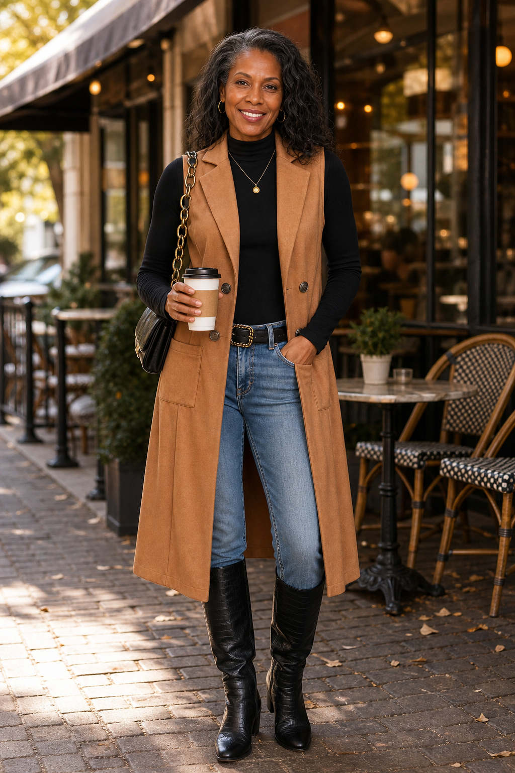 Gilet Long Sans Manches à Ouverture Devant pour Femme