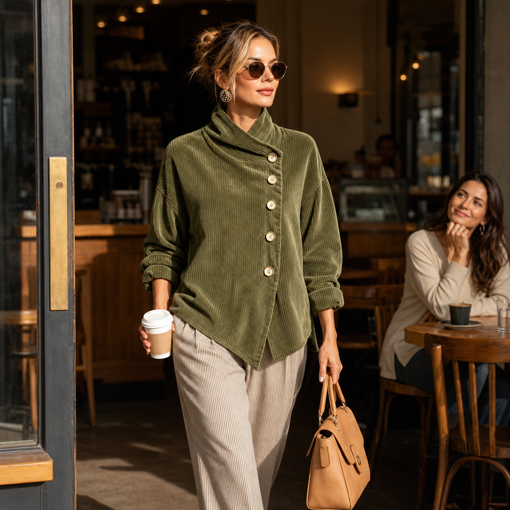 Veste Femme Col Boutonnage Asymétrique et Côtes Fines