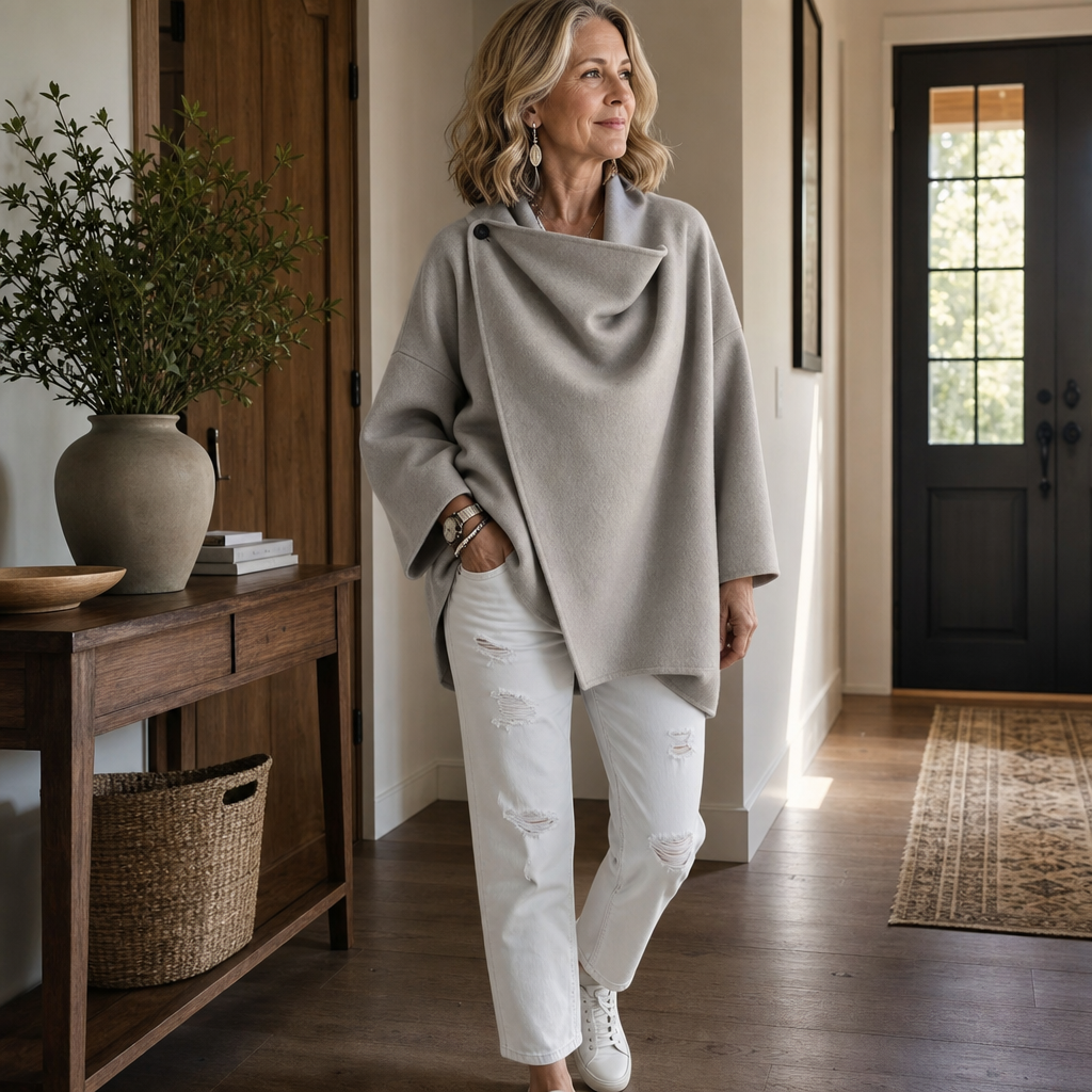 Veste Cape Portefeuille Femme à Col Asymétrique Boutonné