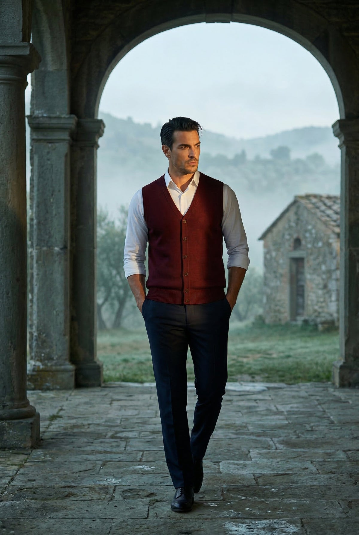 Burgundy Button-front V-neck Sleeveless Sweater Vest - Photo 8