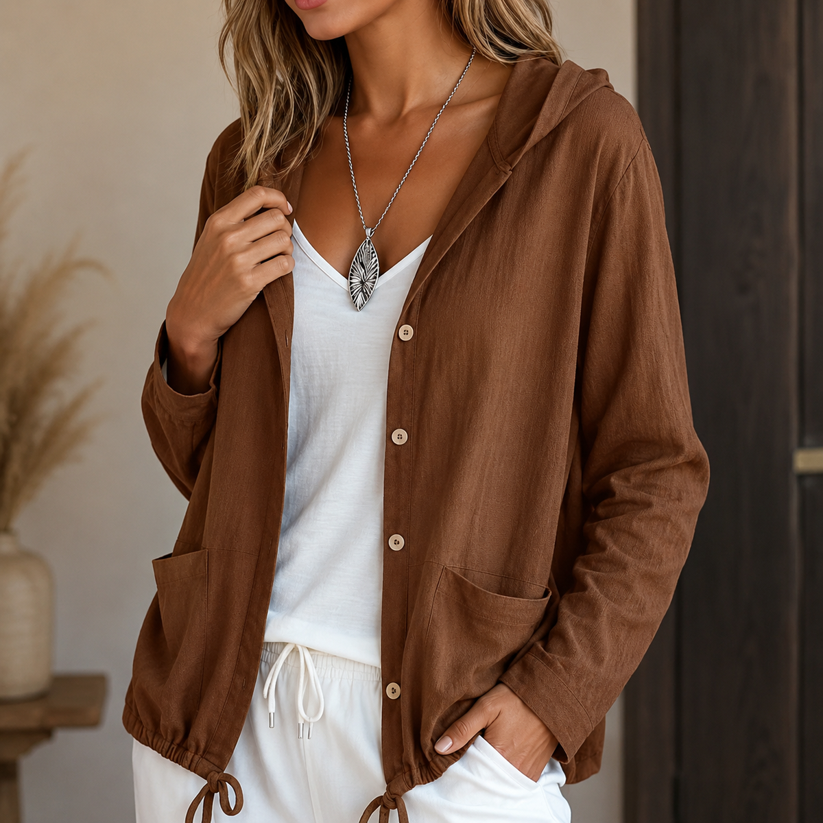 Veste Légère à Capuche et Cordon de Serrage