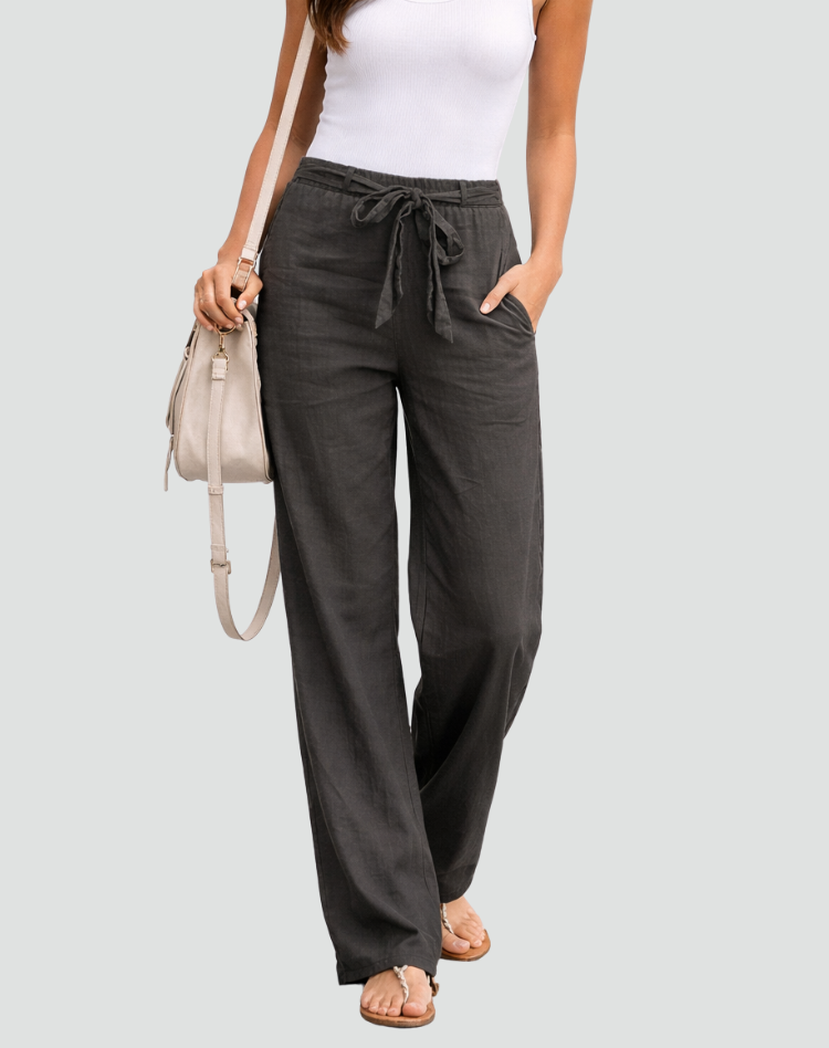 Pantalon Large en Lin Femme à Taille Cordon