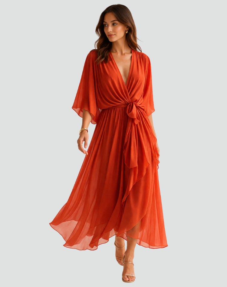 Robe Midi Portefeuille Femme Manches Kimono pour Mariage