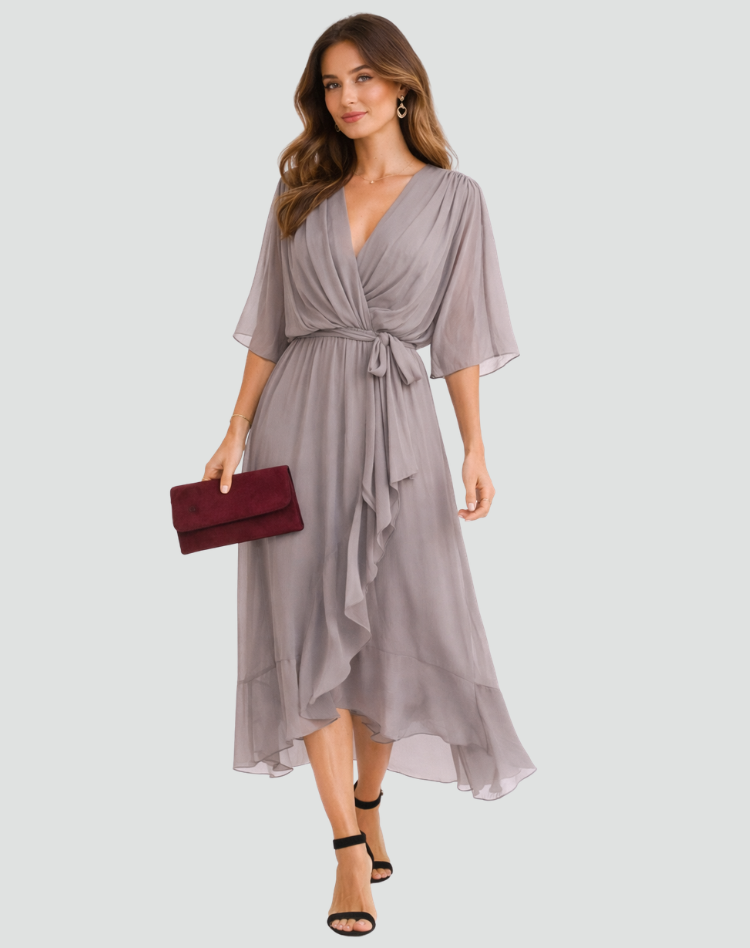 Robe Midi Portefeuille Femme Manches Kimono pour Mariage
