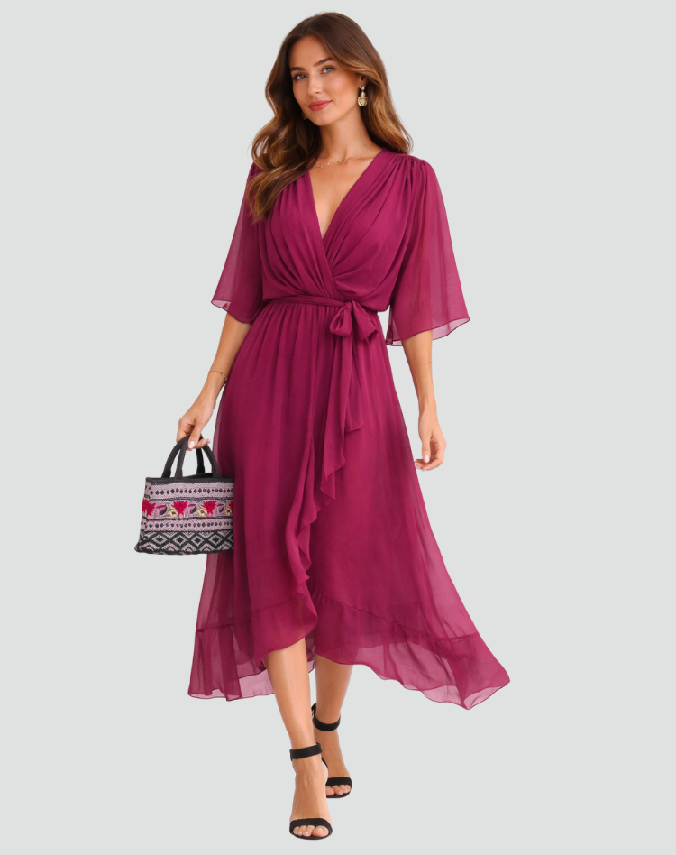 Robe Midi Portefeuille Femme Manches Kimono pour Mariage