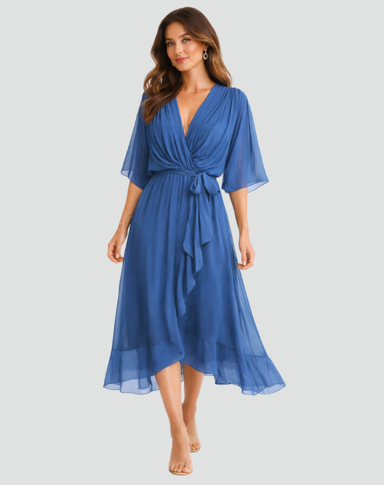 Robe Midi Portefeuille Femme Manches Kimono pour Mariage