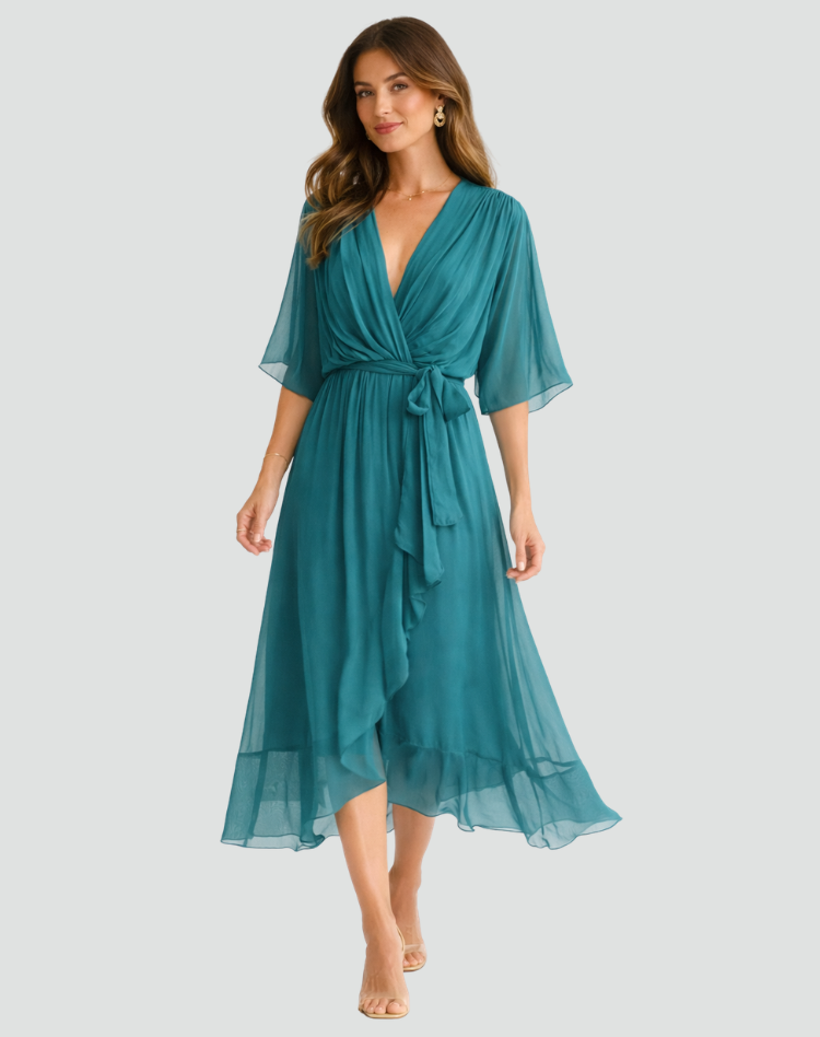 Robe Midi Portefeuille Femme Manches Kimono pour Mariage