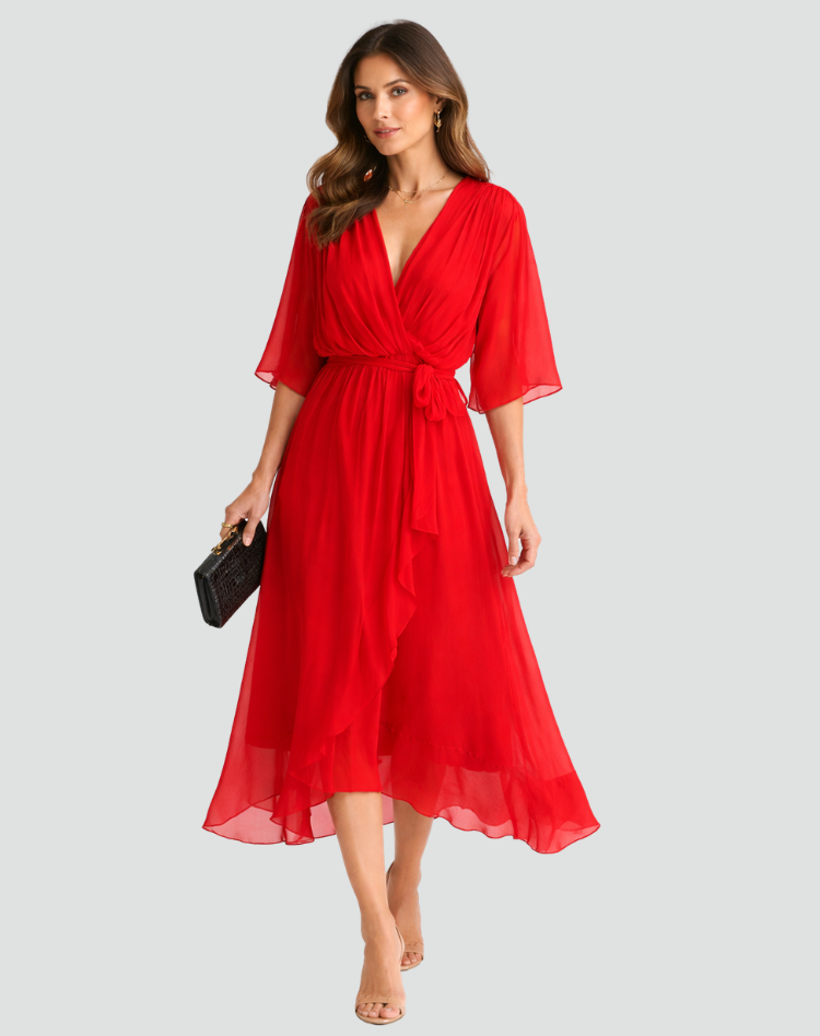 Robe Midi Portefeuille Femme Manches Kimono pour Mariage
