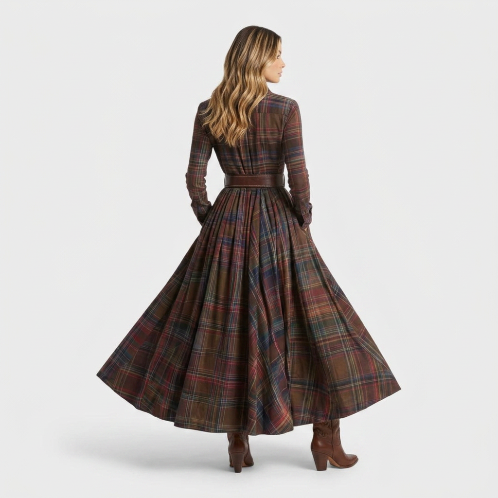 Robe Chemise Femme à Carreaux, Manches Longues et Poches