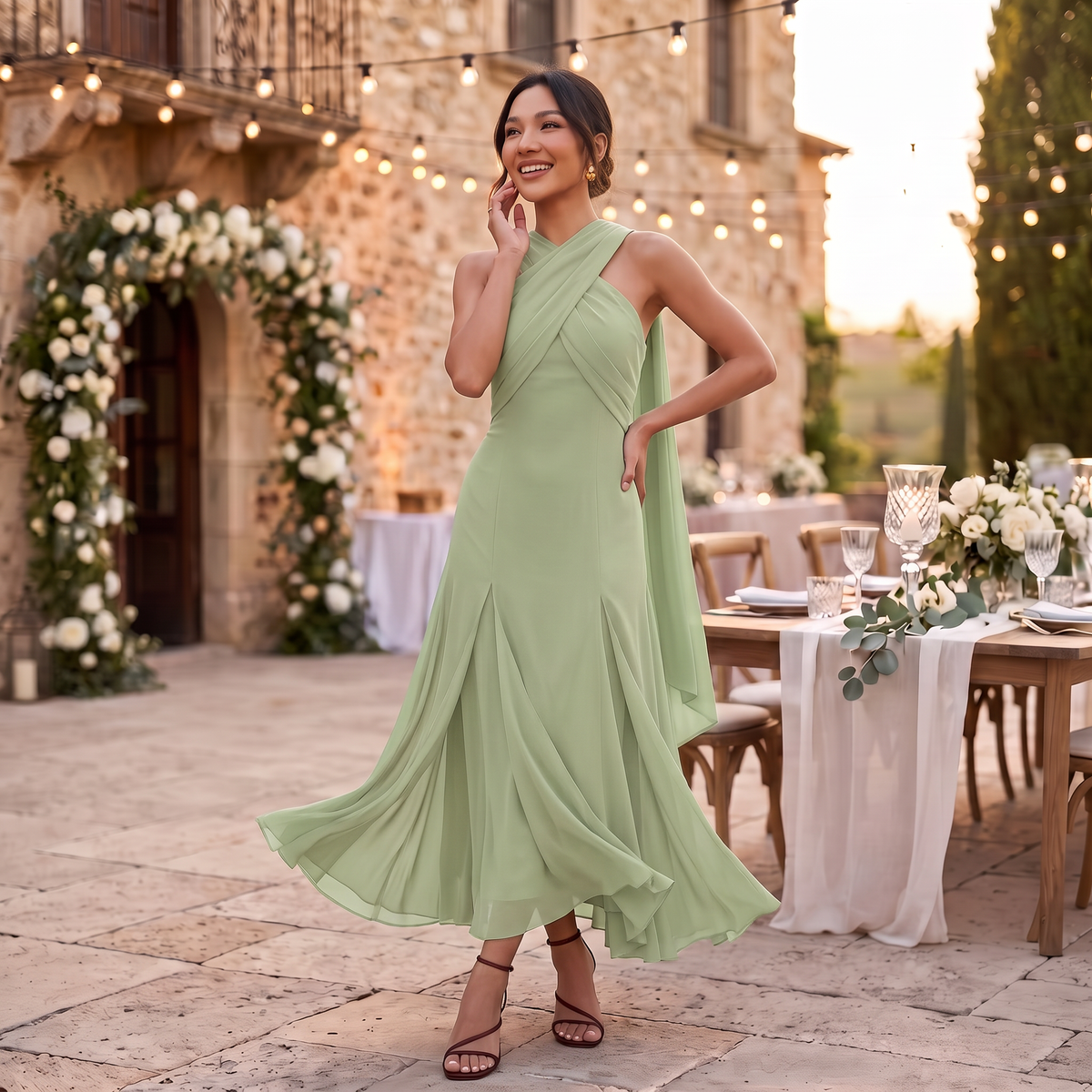 Robe Longue Femme Invitée Mariage en Gaze Fluide avec Nœud