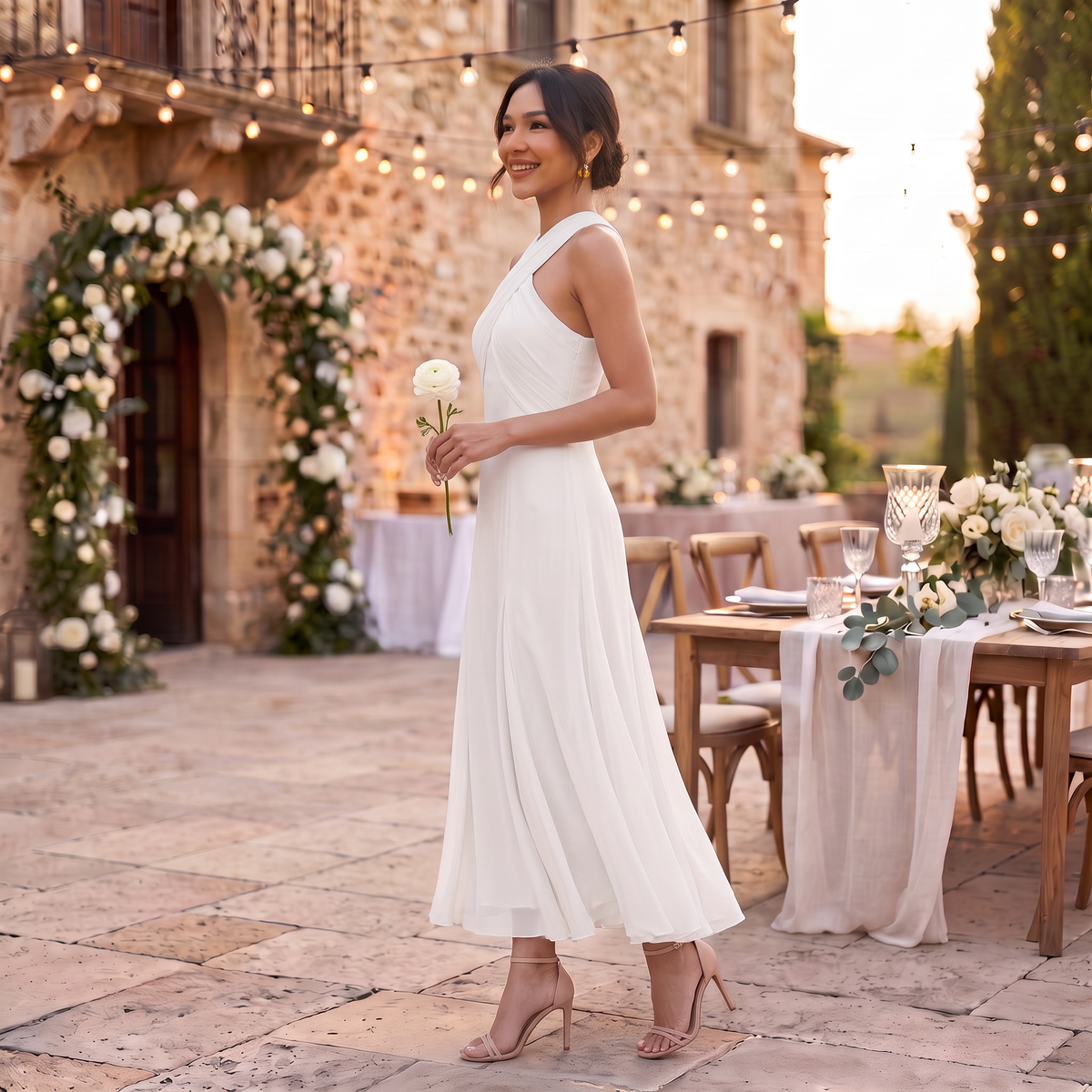 Robe Longue Femme Invitée Mariage en Gaze Fluide avec Nœud