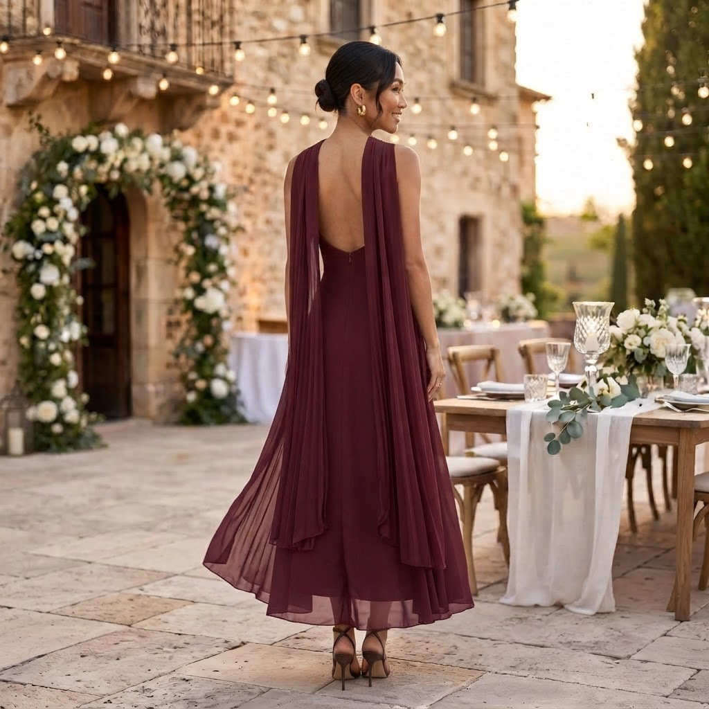 Robe Longue Femme Invitée Mariage en Gaze Fluide avec Nœud