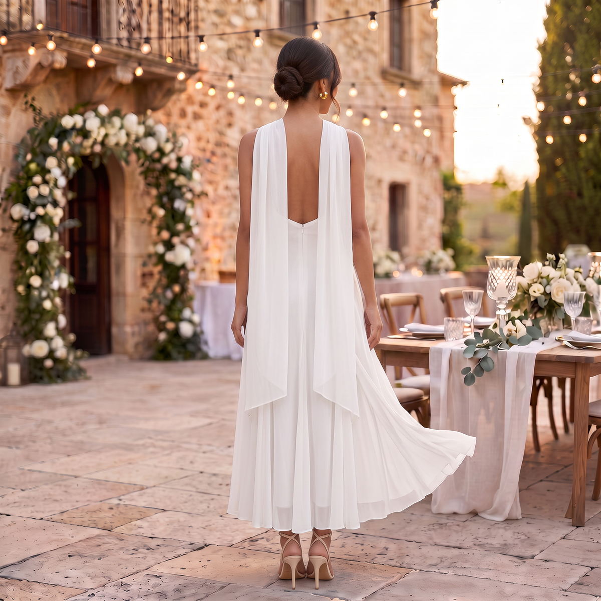 Robe Longue Femme Invitée Mariage en Gaze Fluide avec Nœud