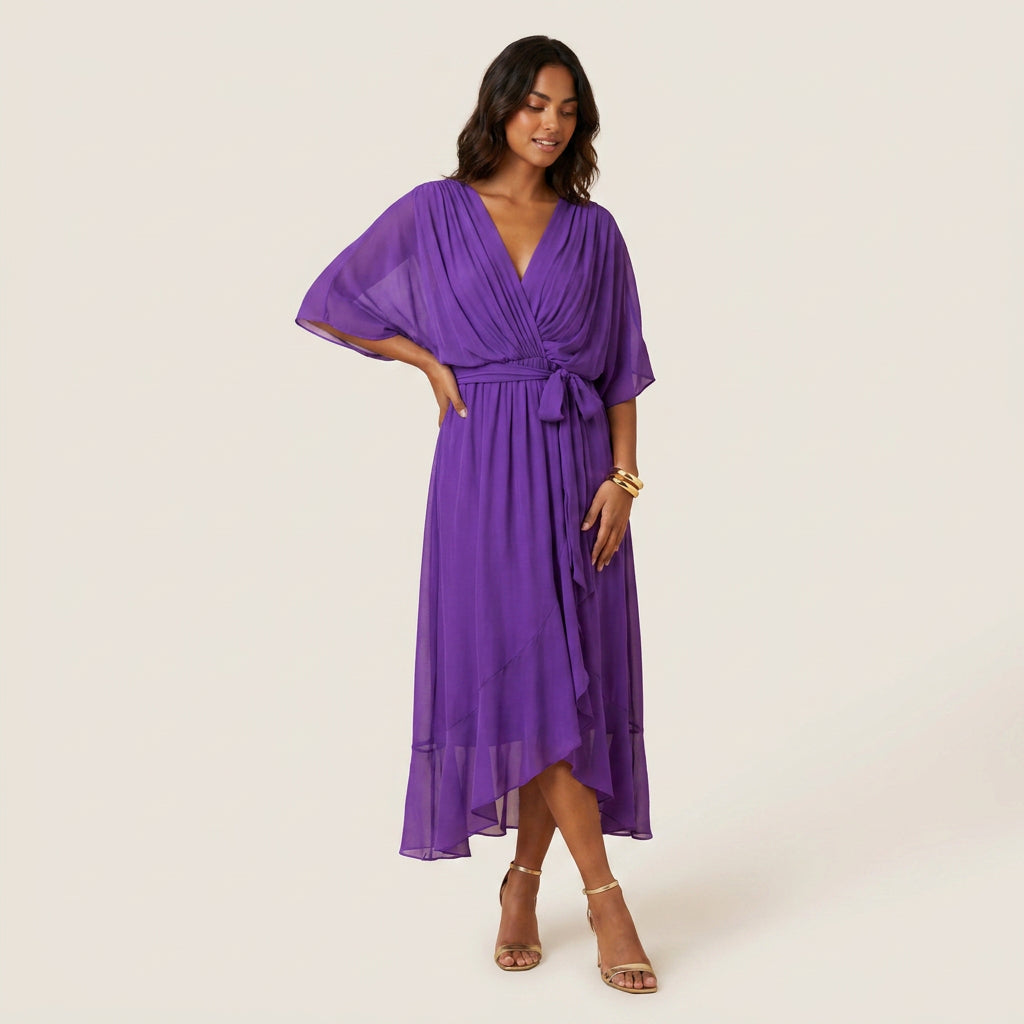 Robe Midi Cache-Cœur Effet Gaze à Volant pour Femme