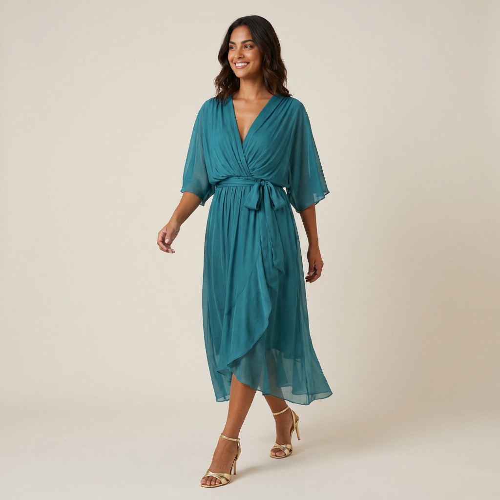 Robe Midi Cache-Cœur Effet Gaze à Volant pour Femme
