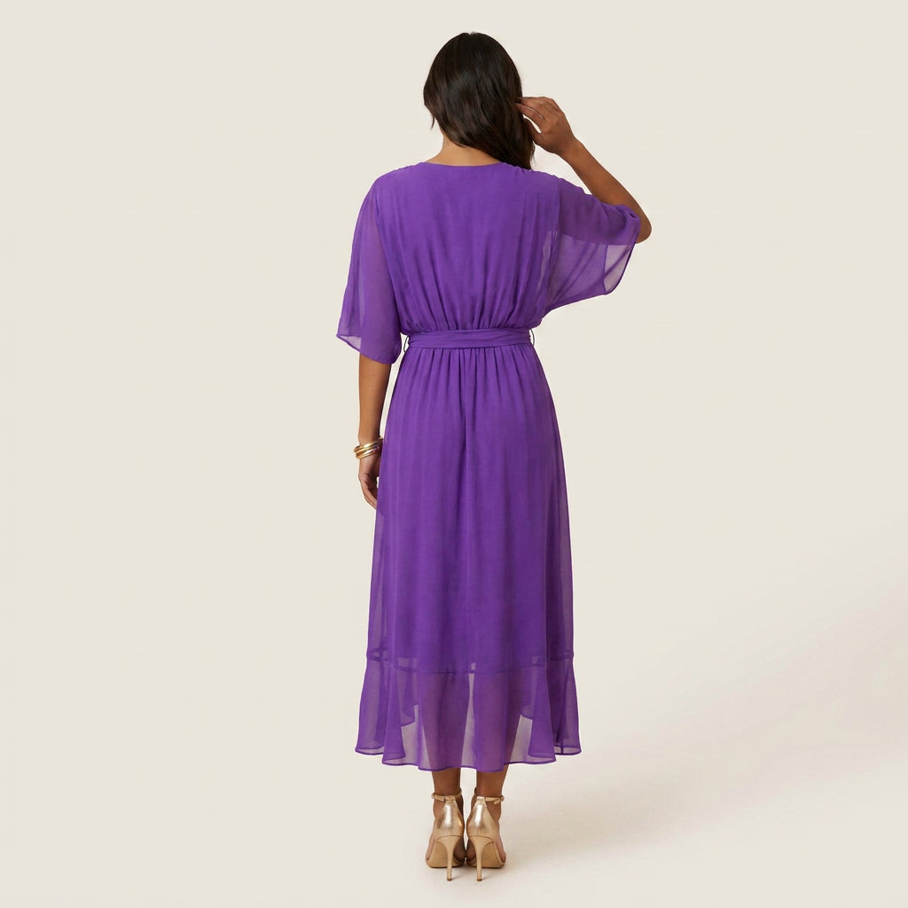 Robe Midi Cache-Cœur Effet Gaze à Volant pour Femme