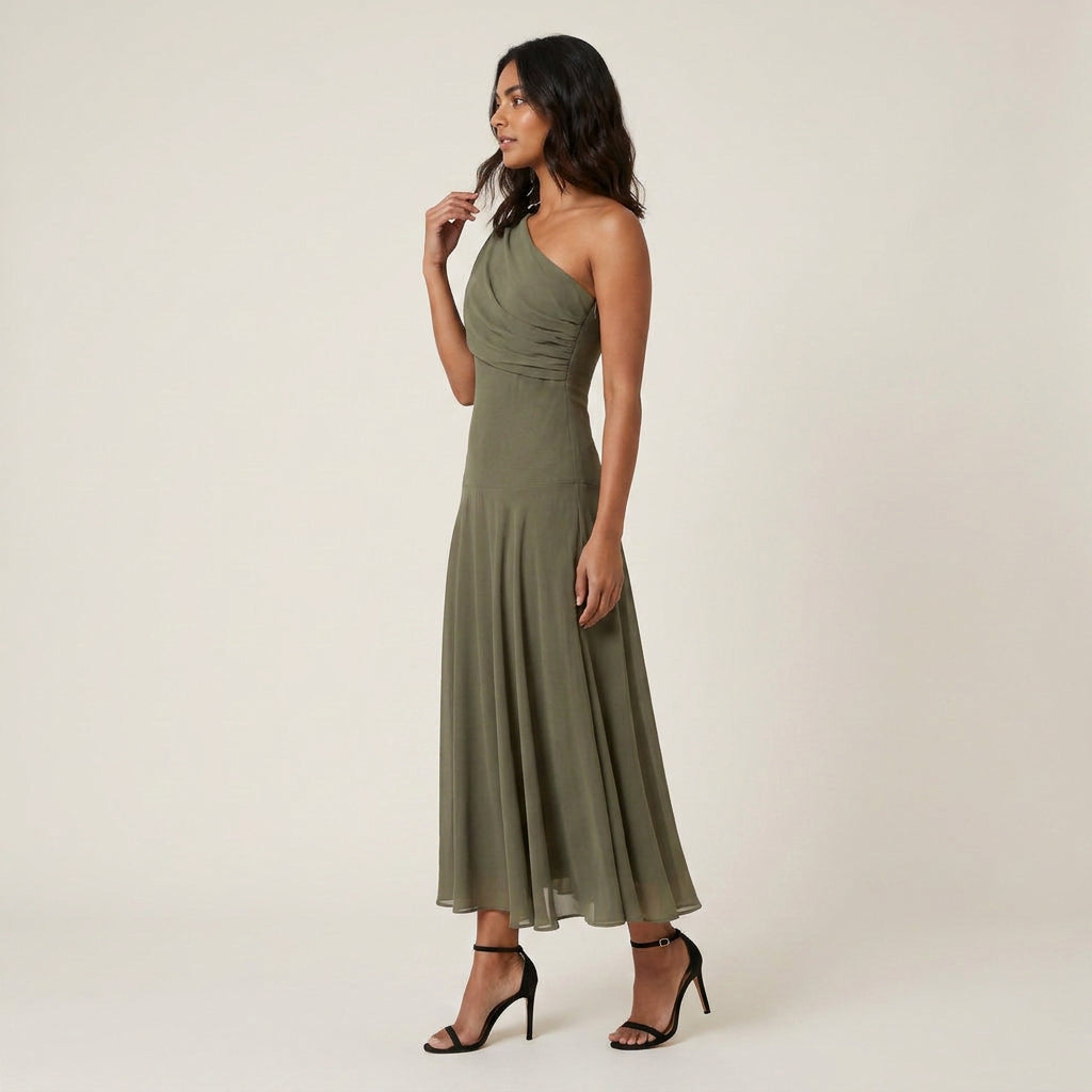 Robe Midi Asymétrique Un Seul Épaule Effet Gaze
