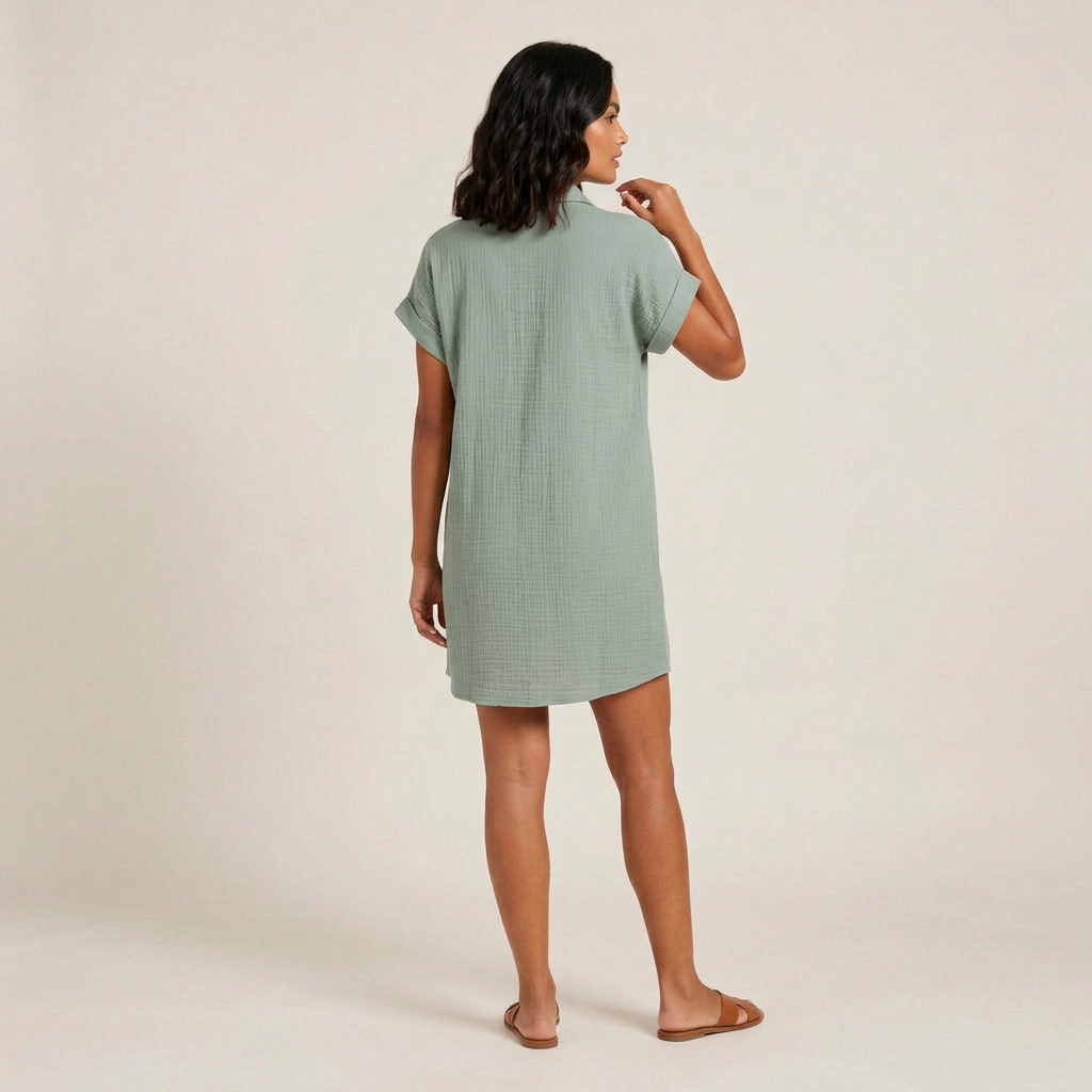 Robe Chemise Femme en Mousseline de Coton, Boutons Bois et Poches
