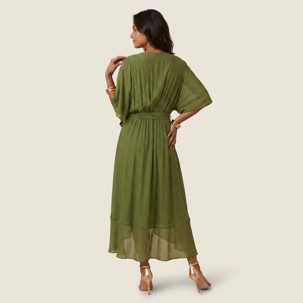 Robe Midi Cache-Cœur Effet Gaze à Volant pour Femme