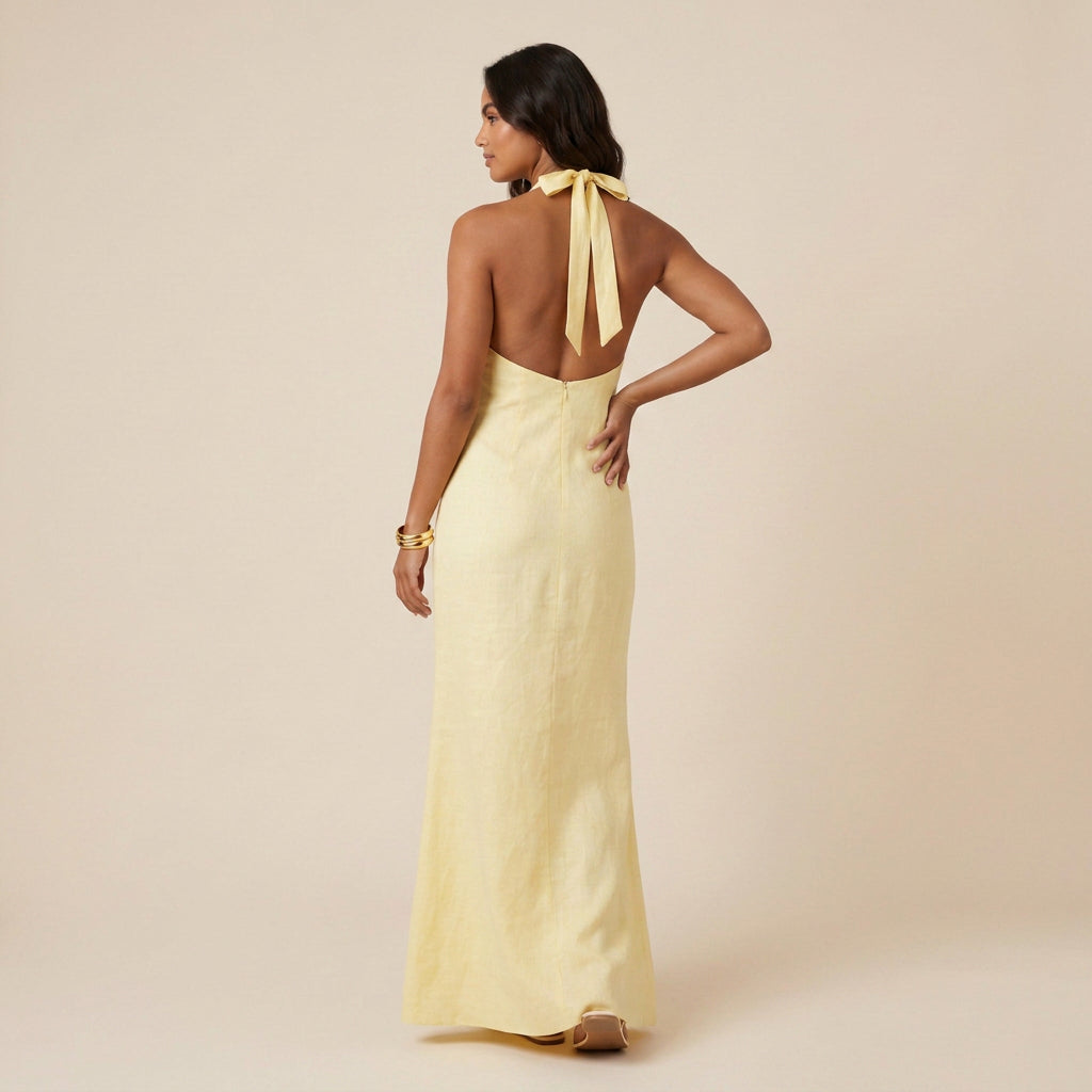 Robe Longue Femme Col Halter Dos Nu Décolleté en V