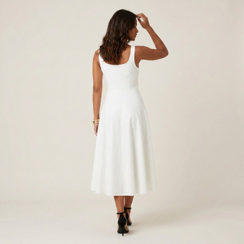 Robe Midi Femme Décolleté Carré Jupe Évasée