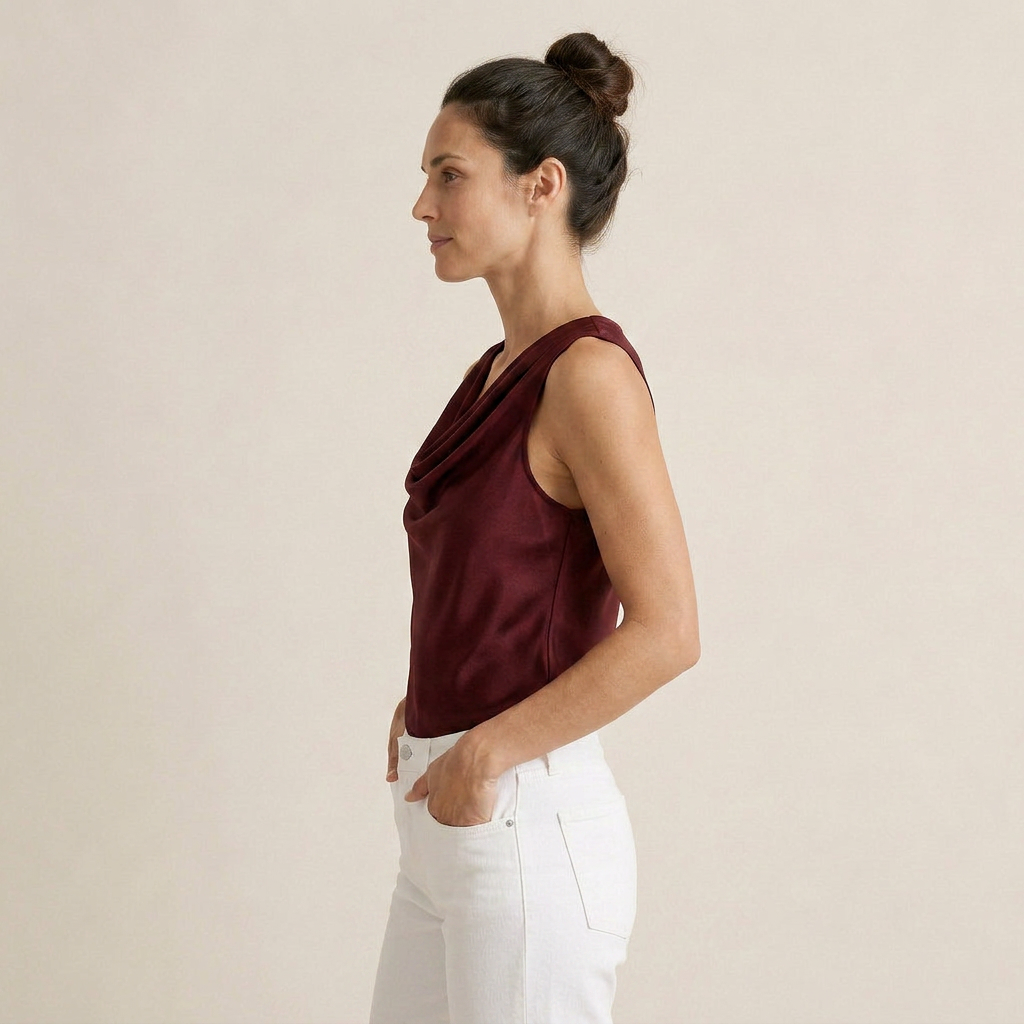 Top Femme Satin Sans Manches Col Cascade Coupe Fluide