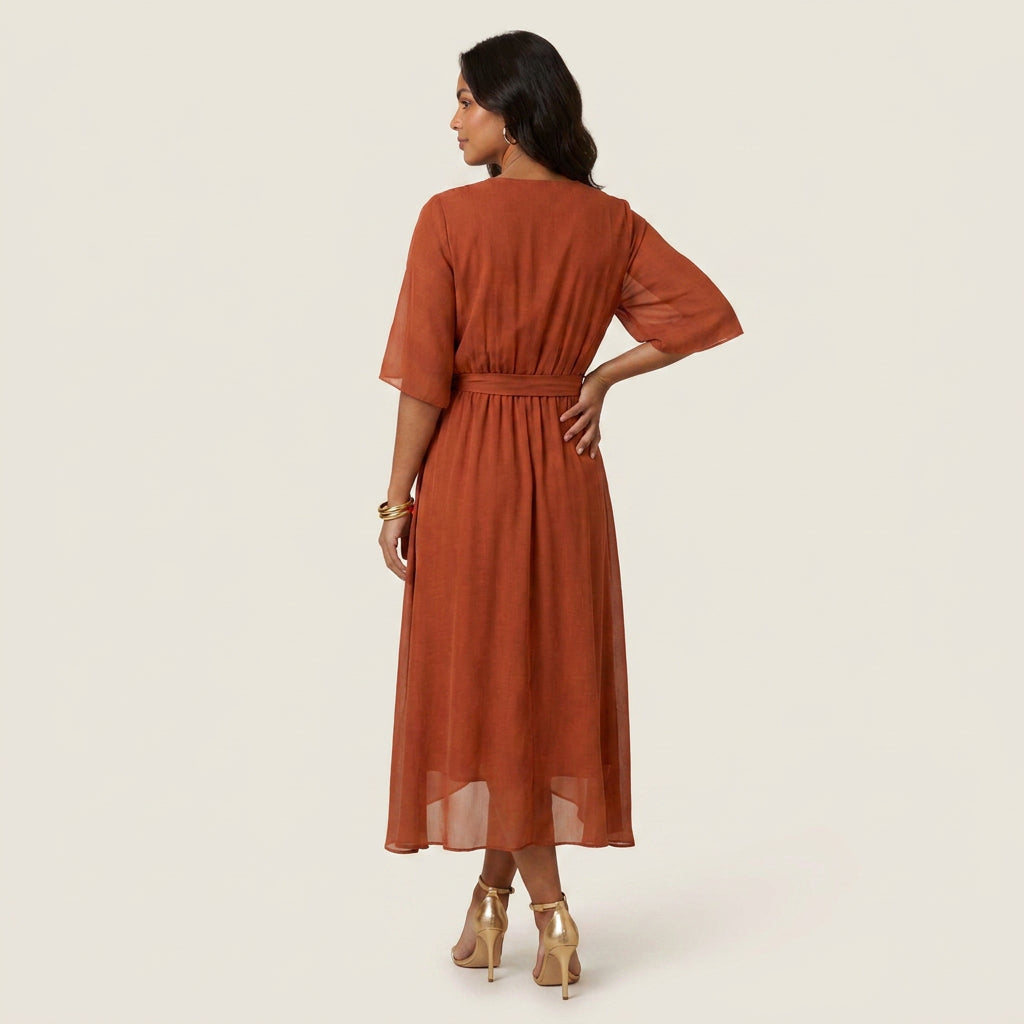 Robe Midi Cache-Cœur Effet Gaze à Volant pour Femme