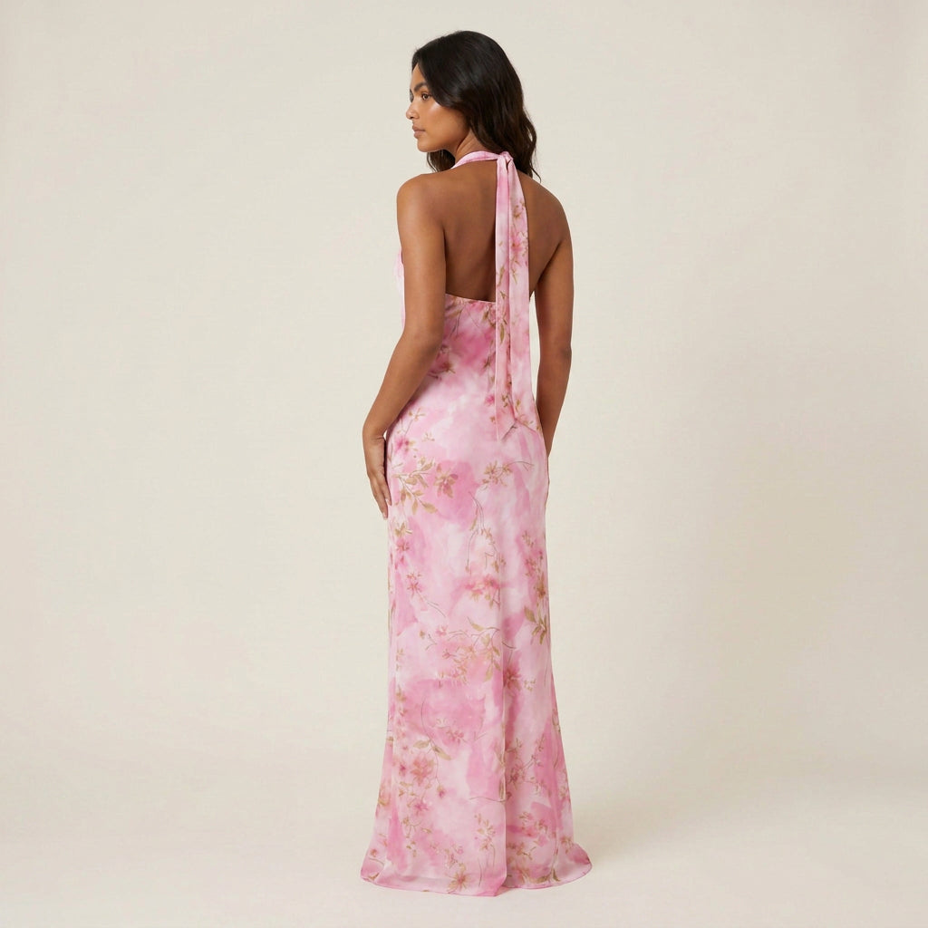 Robe Longue Femme Col Halter Dos Nu Décolleté en V