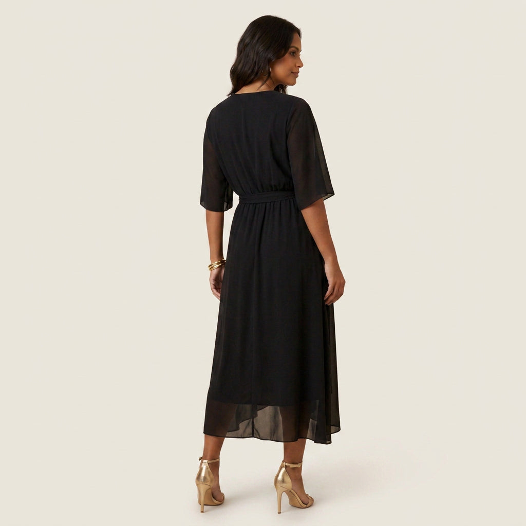 Robe Midi Cache-Cœur Effet Gaze à Volant pour Femme