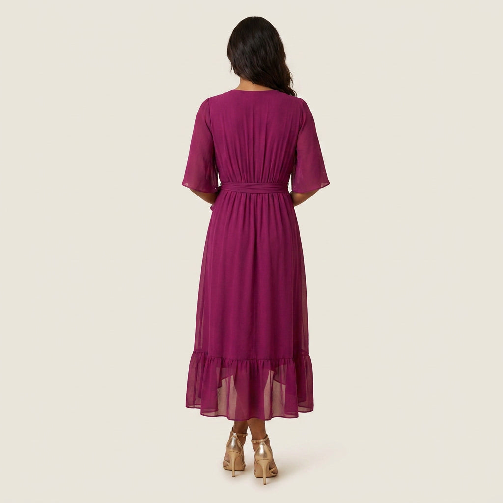 Robe Midi Cache-Cœur Effet Gaze à Volant pour Femme